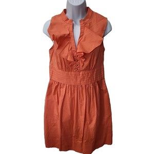 Shoshanna Coral Ruffle Sleeveless Dress Size 8 Pleated Waist Gold Button Ruffle
